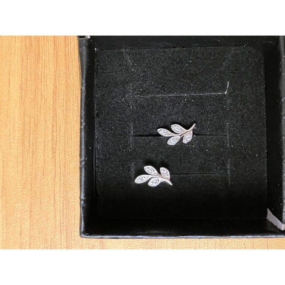 Jewelry - Silver Tone Crystal Leaf Stud Earrings Dainty Olive Branch Nature Inspired Studs
